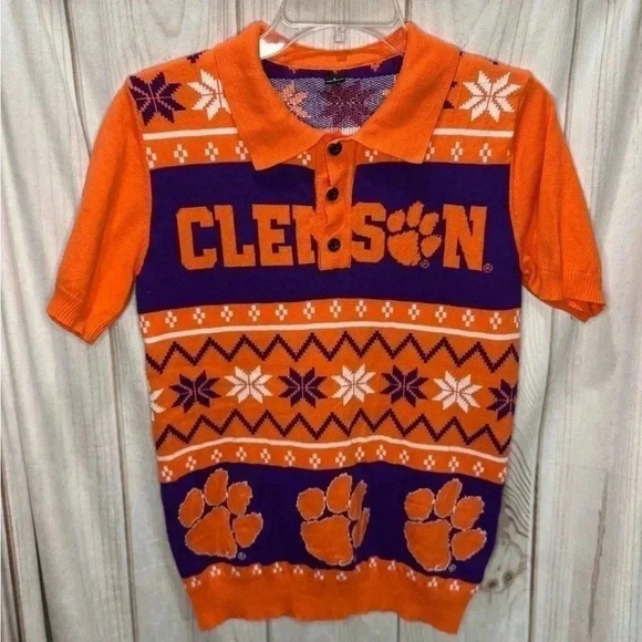 FOCO Clemson Tigers Men's Orange College Ugly Knit Polo Sweater Size Small - Picture 1 of 6